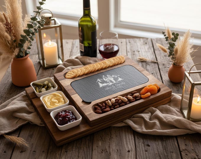 Personalized Charcuterie Set - Custom Engraved Cutting Board: Outdoor adventure, Nature lovers, Couple's hiking, Mountains, Wedding Gift