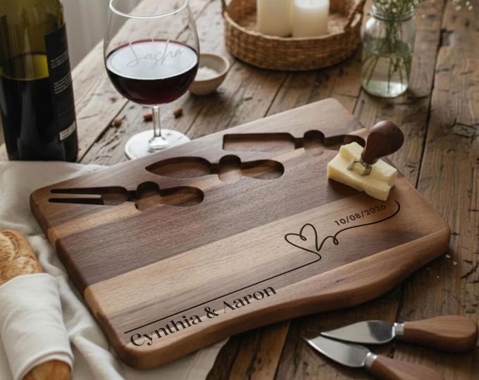 Personalized Charcuterie Board, Couples Gift: Custom Engraved cheese Board with Tools- Engagement Gift, Wedding Gift, Housewarming Gift