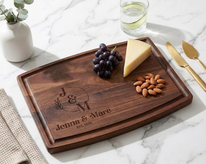 Personalized Walnut Cutting Board, Custom Engraved Wedding Gift for Couples, Wood Charcuterie Board
