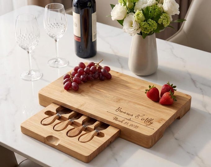 Personalized Cheese Board Set - Custom Engraved Charcuterie Board, Ideal Housewarming Gift For Couples, Anniversary, Wedding, and Christmas