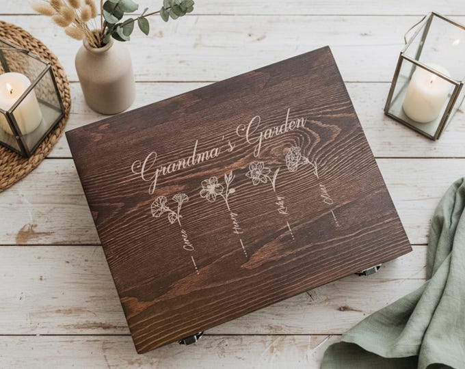 Personalized Engraved Wooden Keepsake Box: Rustic Birth Flower Gift