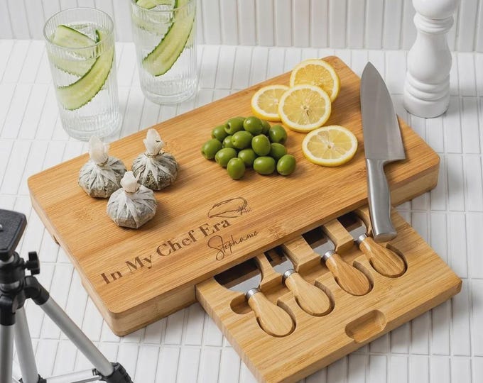 Personalized Bamboo Charcuterie Board with Knife Set, Custom Chef Era Gift for Her