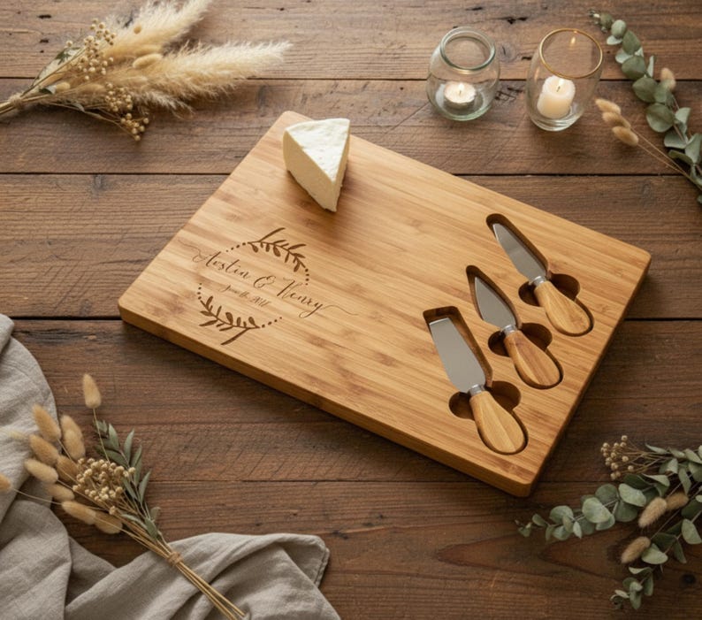 Personalized Bamboo Cheese Board Set, Custom Engraved Charcuterie Platter, Wedding gift image 15