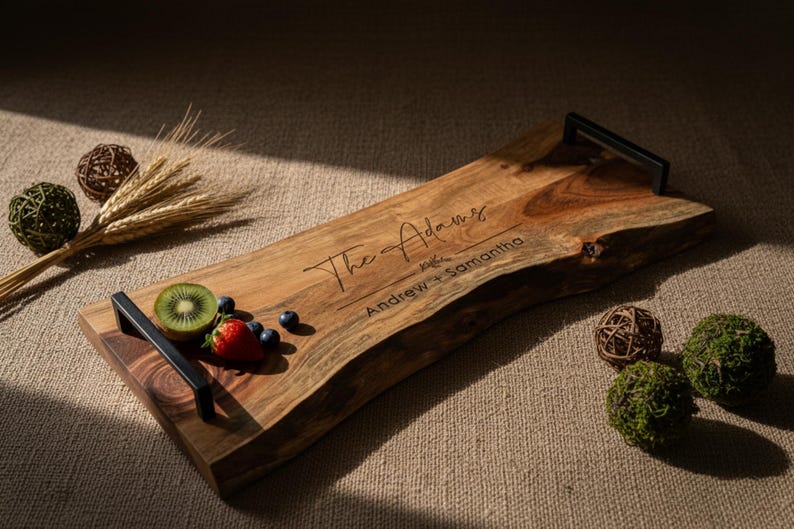 Personalized live edge cutting board, custom laser engraved board, housewarming gift, Gift for the couple, wedding gift, Christmas gift bild 9