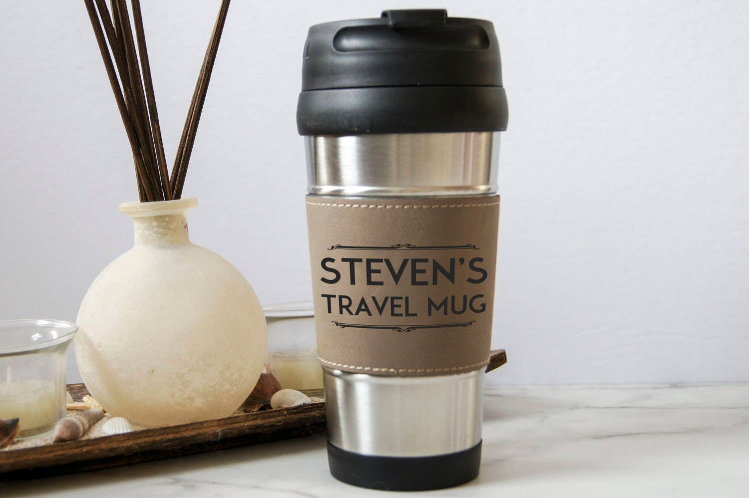 Personalized Travel Mug Customized Leatherette Stainless Etsy