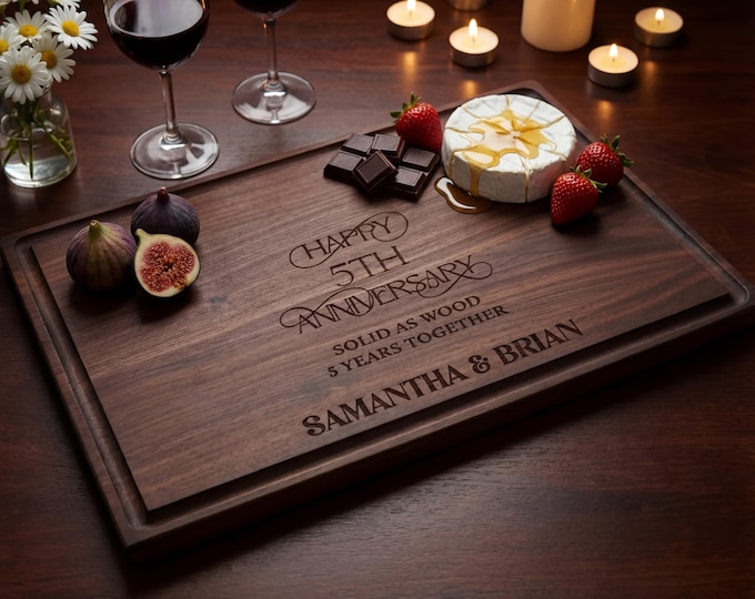 Wood 5th Anniversary Gift | Personalized Cutting Board & "Solid as Wood" Walnut Charcuterie Platter