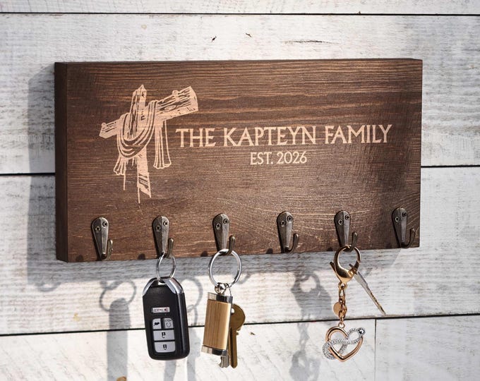 Personalized Key Holder – Home Blessings: Custom Engraved Key Hanger With a Cross  for Rustic Home Decor, Housewarming, and Religious Gift
