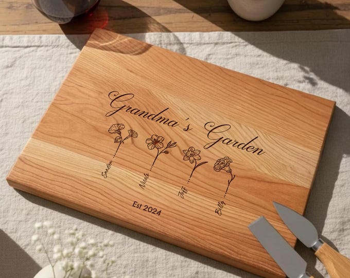 Personalized Charcuterie Board, Birth Flowers Gift: Custom Engraved Cutting Board | Grandmother, Mothers Day, Gift for Grandma, Kitchen Gift