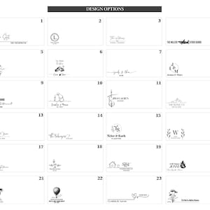 May include: A grid of 24 design options for a personalised wooden chopping board. Each option features a different design, including initials, a house, a sailboat, a mountain, a heart, a hot air balloon, and more. The designs are in black and white.