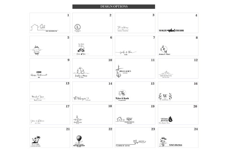 May include: A grid of 24 design options for a personalised wooden chopping board. Each option features a different design, including initials, a house, a sailboat, a mountain, a heart, a hot air balloon, and more. The designs are in black and white.