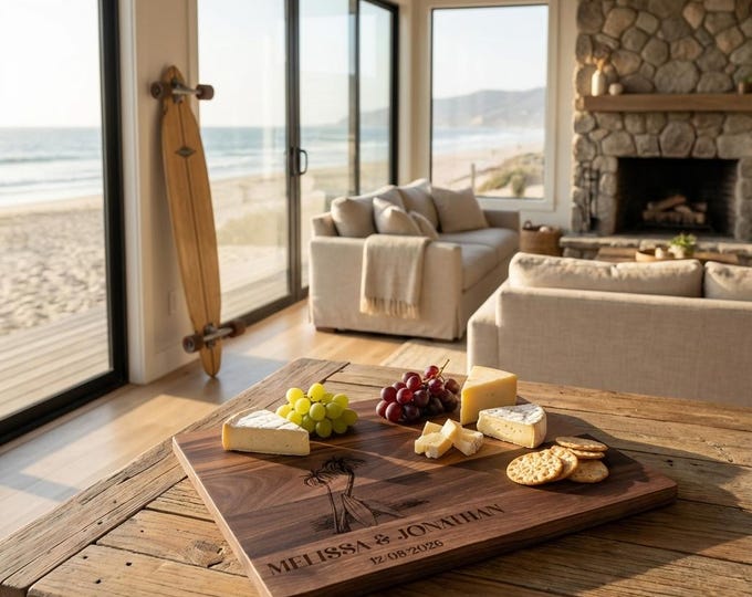 Personalized Surfer Gift for Couple | Custom Walnut Charcuterie Board & Tropical Destination Wedding Present