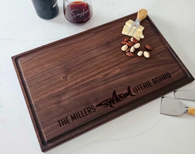 Personalized Charcuterie Board – Shark Lover Couple: Custom Cutting Board | Shark Design, Ocean, Beach Decor, Wedding, Fun Housewarming Gift