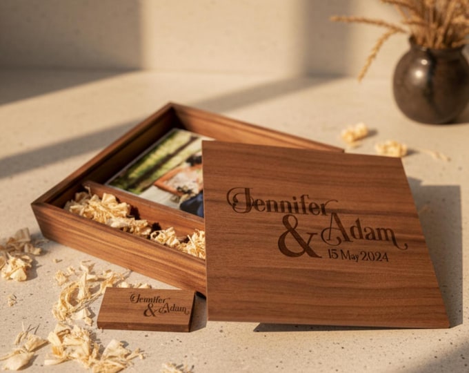 Personalized Wedding Photo Album, Custom Engraved Wooden Memory Box – 64GB USB, 4x6 photo box for photos, Wedding Gift, Couples Gift