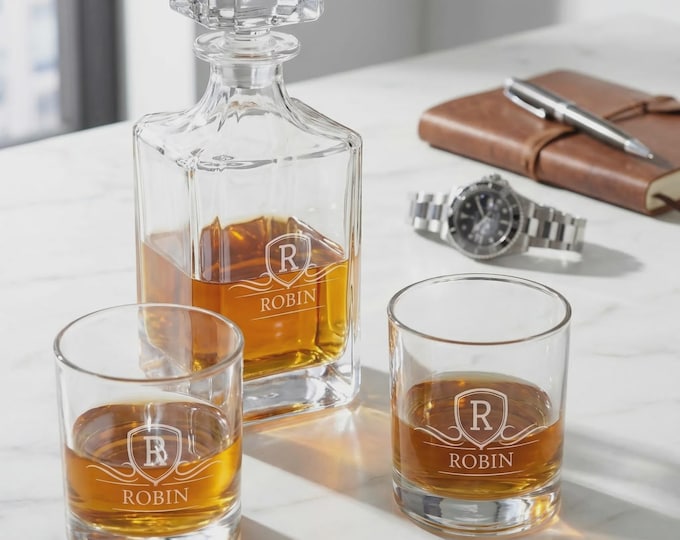 Personalized Whiskey Decanter Set with Glasses, Custom Etched 26oz Barware in Engraved Wood Box
