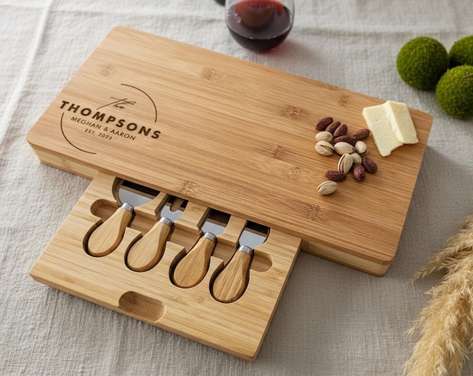 Personalized Charcuterie Board, Family Gift: Custom engraved Bamboo Cheese Board With Knives, Wedding, Housewarming, Anniversary Gift