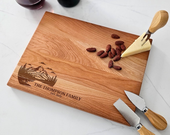 Personalized cutting board – Mountain Landscape: Custom Engraved Cheese Board, Unique Kitchen Decor, Housewarming & Realtor Closing Gift