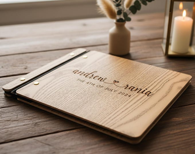 Personalized Wooden Wedding Guestbook: Laser Engraved Photo Album