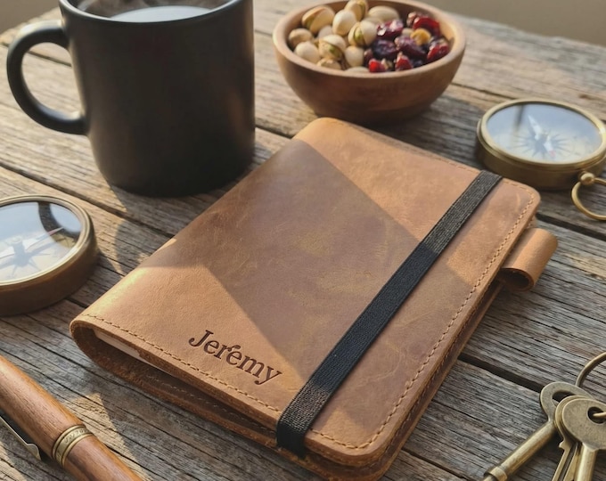 Personalized Crazy Horse Leather Journal, Refillable Travel Notebook with 4 Card Slots, Gift for Him