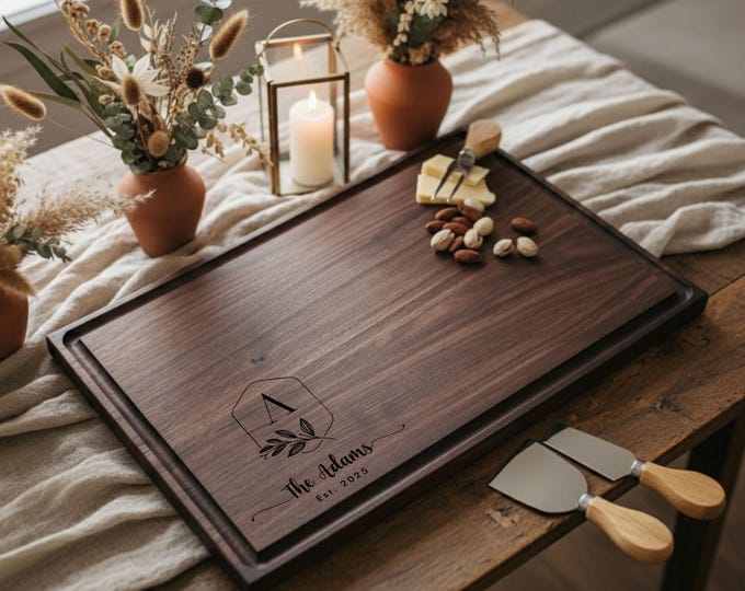 Personalized Wedding Cutting Board – Gift for Couples: Custom Engraved Monogrammed Charcuterie Board