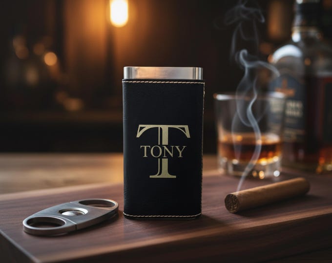 Personalized Monogrammed Cigar Travel Case with Cutter —  Custom Engraved Traveler Gifts - Boyfriend, Husband Gift