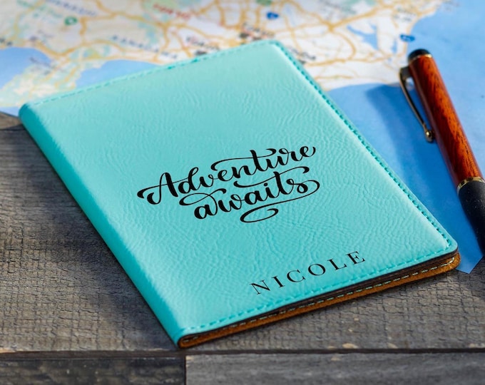 Personalized Passport Cover – Adventure Awaits: Custom Engraved Vegan Leather Passport Holder with Name, the Perfect Travel Gift