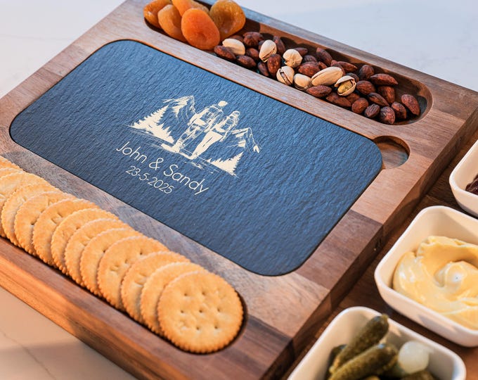 Personalized Charcuterie Set - Custom Engraved Cutting Board: Outdoor adventure, Nature lovers, Couple's hiking, Mountains, Wedding Gift