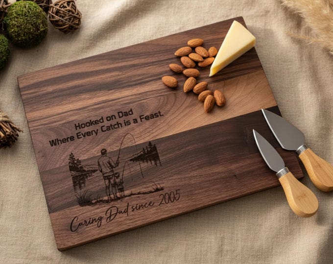 Personalized Cutting Board, Fisherman: Custom Engraved Charcuterie Board, Gift for Him, Birthday, Father's Day, Father and Son Fishing Gift