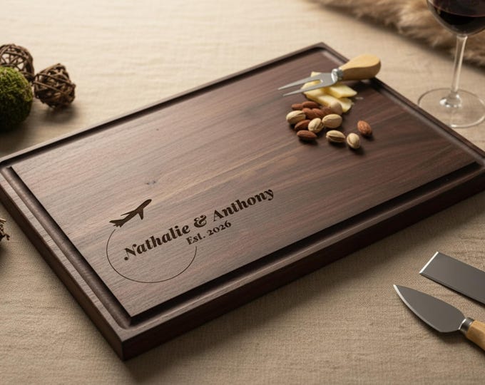 Personalized Charcuterie Board – Travel Lover Couple: Custom Cutting Board | Destination Wedding, Airplane, Flying, Pilot, Explorer Gift