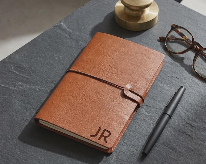 Personalized Vegan Leather Journal with Card Slots, Custom Engraved Monogram Notebook, Graduation Gift