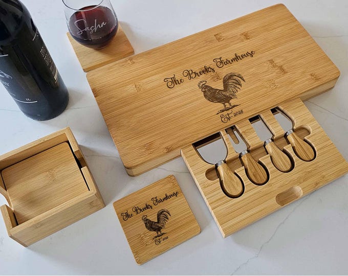 Personalized Charcuterie Board – Farmhouse Themed: Custom Engraved Cheese Board, Housewarming, Kitchen Decor, Rooster Design, Couple Gift