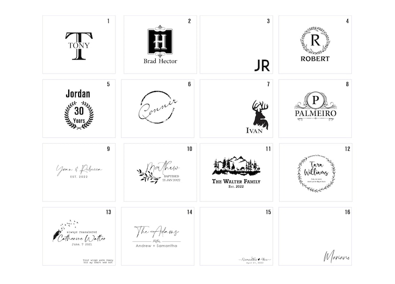 May include: A collage of 16 different designs for personalized wooden signs. The designs include names, initials, dates, and other text. The signs are perfect for a variety of occasions, such as weddings, birthdays, and anniversaries.
