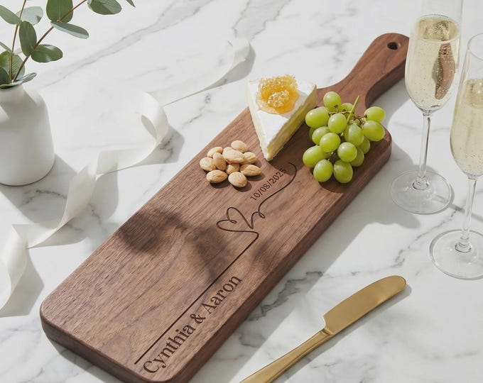 Personalized Wood Bread Board, Custom Engraved Long Charcuterie Tray, Wedding Gift