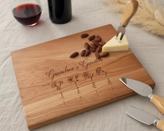 Personalized Charcuterie Board, Birth Flowers Gift: Custom Engraved Cutting Board | Grandmother, Mothers Day, Gift for Grandma, Kitchen Gift