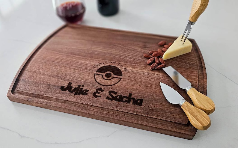 Stylish kitchen scene displaying a personalized Pokémon cutting board as a fun and unique decor accent, perfect for gamer couples.