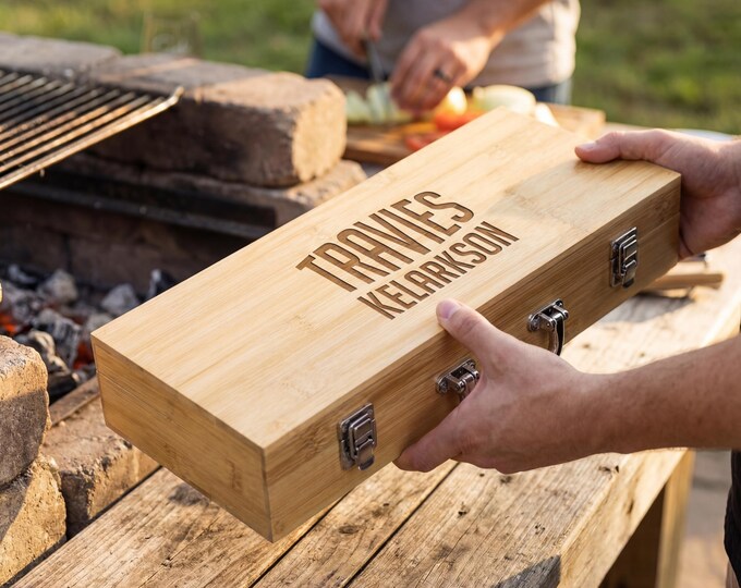 Personalized BBQ Utensil Set: Engraved Grill Tools, Bamboo Case