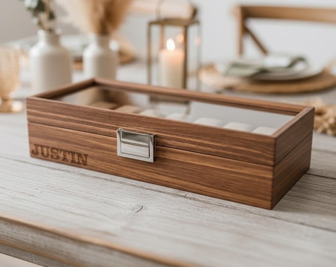 Custom Engraved Watch Box - 6-Watch veneered walnut Case for Men, Personalized Watch Storage, Ideal Gift for Him, Christmas Gift