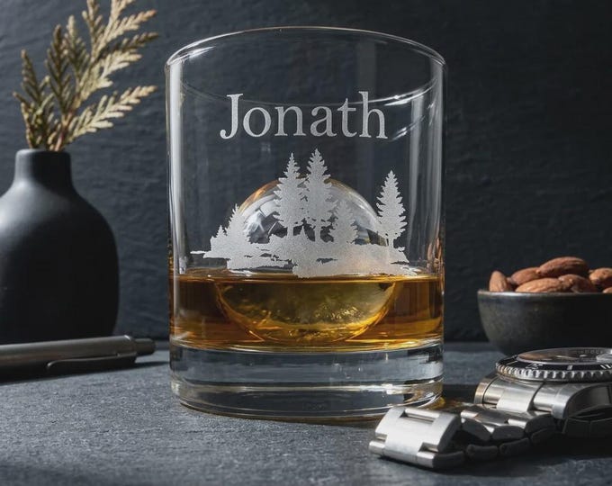 Personalized Forest Whiskey Glass, Custom Etched Rocks Glass with Pine Trees, Groomsmen Gift