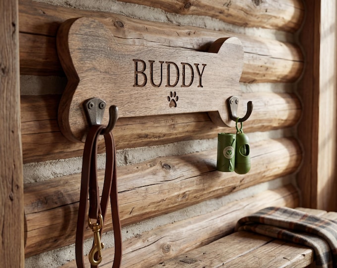Personalized Dog Leash Holder | Custom Mango Wood Bone Sign & Rustic Wall Hanger for Dog Mom or New Puppy Gift