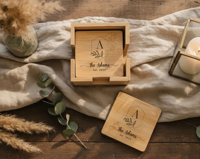 Custom Monogram Bamboo Coaster Set - Personalized Engraved 5-Piece with Holder, Wedding, Housewarming, Anniversary Gift