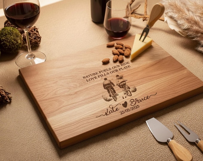 Personalized Cutting Board – Biking Couple: Custom Engraved Charcuterie Board, Cute Gift for Cycling Lovers, Anniversary, Wedding, Keepsake