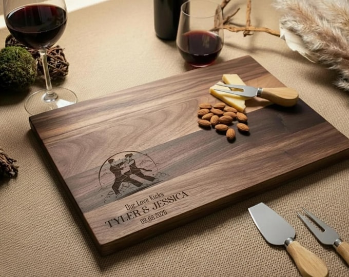Personalized Cutting Board – Couple Kung Fu: Custom Engraved Charcuterie Board, Martial Arts Enthusiasts, Fighting Stance, Anniversary Gift