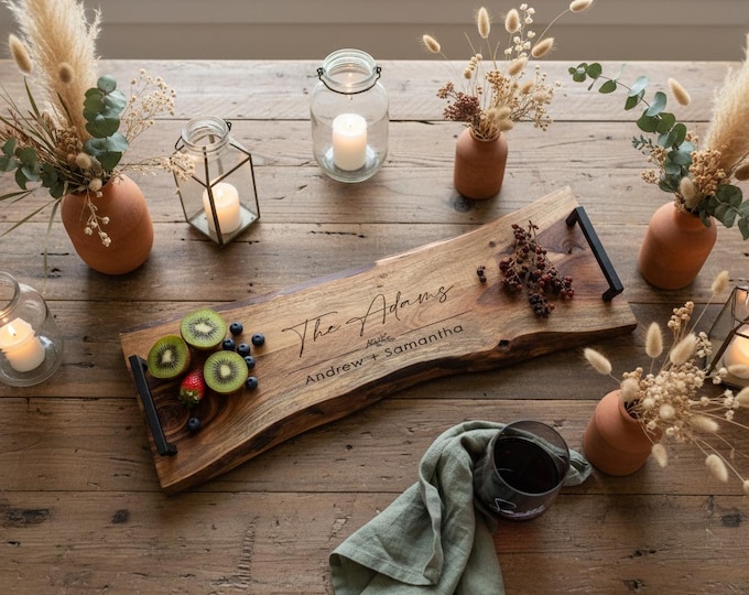 Personalized Live Edge Serving Tray - Custom Serving Tray - Laser-Engraved Family Name - Monogrammed Tray - Housewarming Gifts
