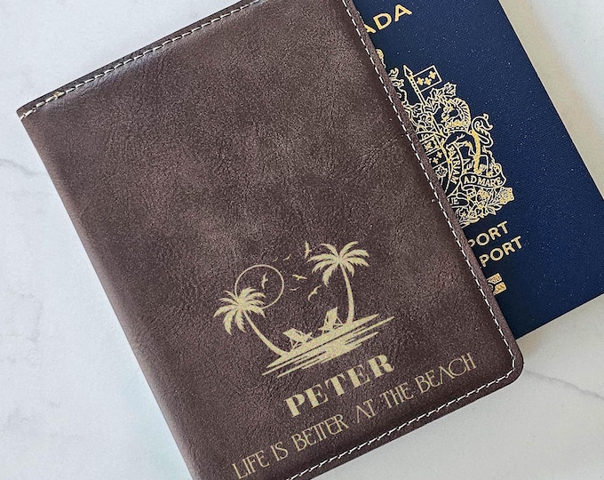Personalized Passport Cover – Life Is Better at the Beach: Custom Engraved Vegan Passport Holder, Ideal Retirement Gift, Travel Essential