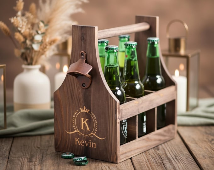 Personalized Wooden Beer Caddy: Six Pack Carrier, Groomsman Gift