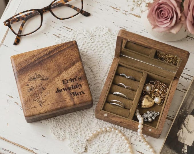 Personalized Floral Wood Jewelry Organizer - Custom Travel Mirror Case Gift For Her