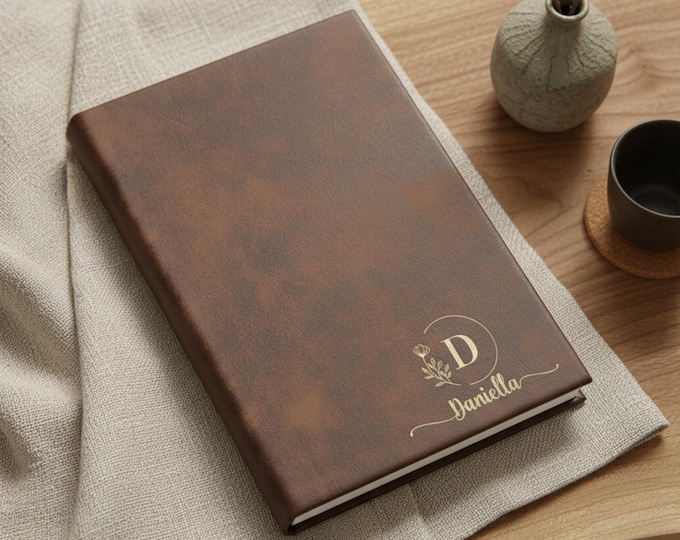 Personalized Vegan Leather Journal, Custom Floral Monogram Notebook, Engraved Graduation Gift