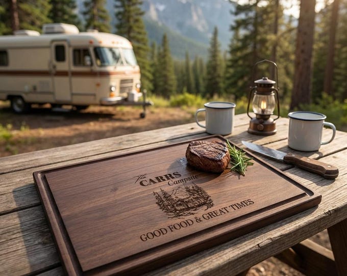 Personalized Camping Cutting Board | Custom RV & Campsite Gift, Engraved Glamping BBQ Meat Board