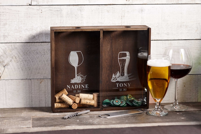 Personalized Beer Cap Holder, Wine Cork Holder, Customized Wooden Beer Cap Shadow Box, Engraved Wine Cork Shadow Box, Gift For The Couple image 1