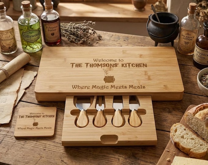 Personalized Wizard Charcuterie Board Set | Custom "Magic Meets Meals" Bamboo Cheese Platter & Geeky Housewarming Gift