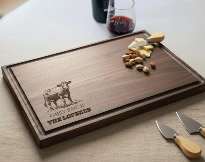 Personalized cutting board, Ranch: Custom Engraved Charcuterie Board, Family Farm Gift, Cow, Farm Decor, Kitchen Gift, Family Gift